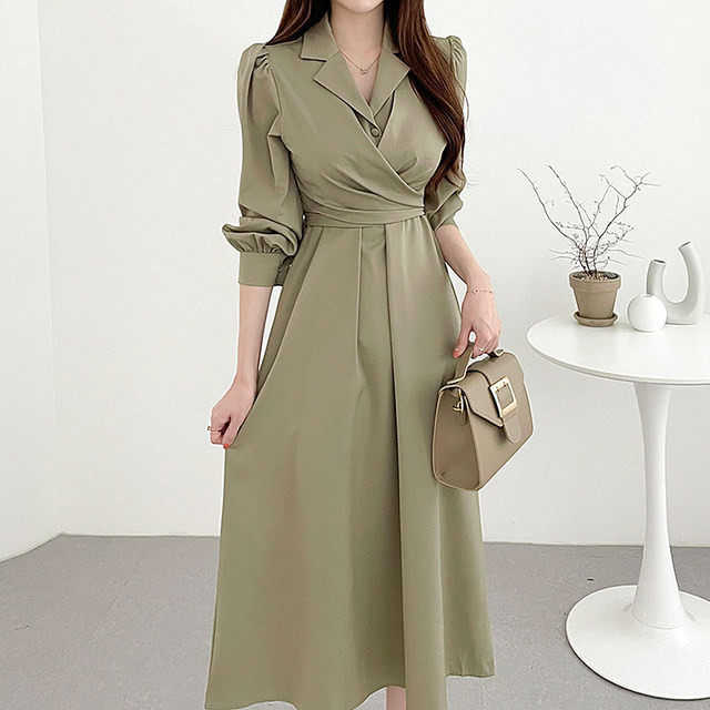 Korean chic early spring French elegant lapel cross tie waist puff sleeve shirt dress long skirt female