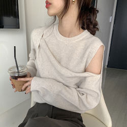 ຄໍດູໃບໄມ້ລົ່ນແບບ chic ຂອງເກົາຫຼີ niche ຮອບຄໍສະຫມໍ່າສະເຫມີຂອງປອມສອງສິ້ນ off-shoulder ການອອກແບບ sweater ແຂນຍາວ pullover