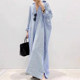 Korean chic spring retro lazy style V-neck single-breasted loose casual contrast striped straight dress for women