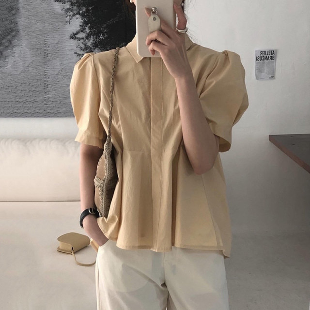 Korean chic summer simple retro lapel back pleated design loose irregular puff sleeve shirt women