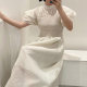 Korean chic French retro temperament stand-up collar pleated waist slimming design puff sleeve long dress women