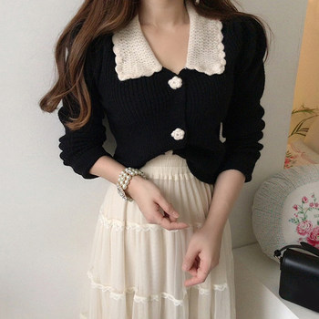 Korean chic retro lapel chic button sweater + high waist lace crochet stitching mesh skirt women