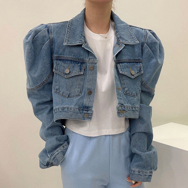 Korean Chic Autumn Vintage Simple Lapel Topstitch Design Double Pocket Puff Sleeve Short Denim Jacket