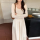 Korean chic spring elegant square-neck waffle splicing high-waist slim long-sleeved bottoming dress long skirt