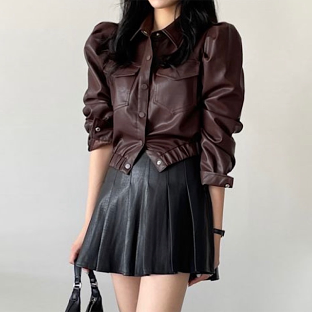 Korean chic retro lapel single-breasted double-pocket leather jacket + high waist pleated skirt short skirt suit