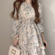 Korean chic spring French romantic small floral round neck tie waist layer cake dress long skirt female