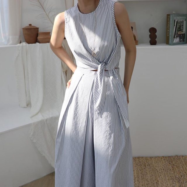 Korean chic temperament round neck sleeveless bow tie shirt + high waist striped wide leg casual pants trousers women