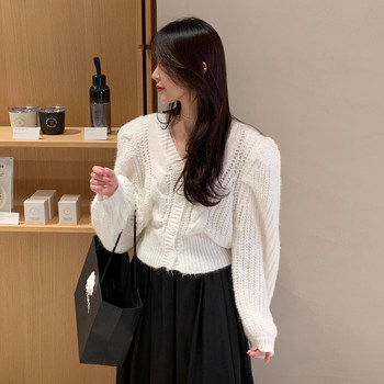 Temperament v-neck linen pattern short knitted cardigan sweater