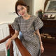 Korean chic niche retro round neck careful machine hollow out waist drawstring design puff sleeve plaid dress