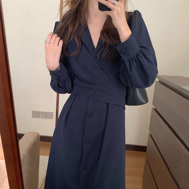 South Korea chic autumn temperament design suit collar was thinner waist tie twisted knee-length long dress women