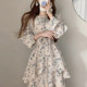 Korean chic spring French romantic small floral round neck tie waist layer cake dress long skirt female