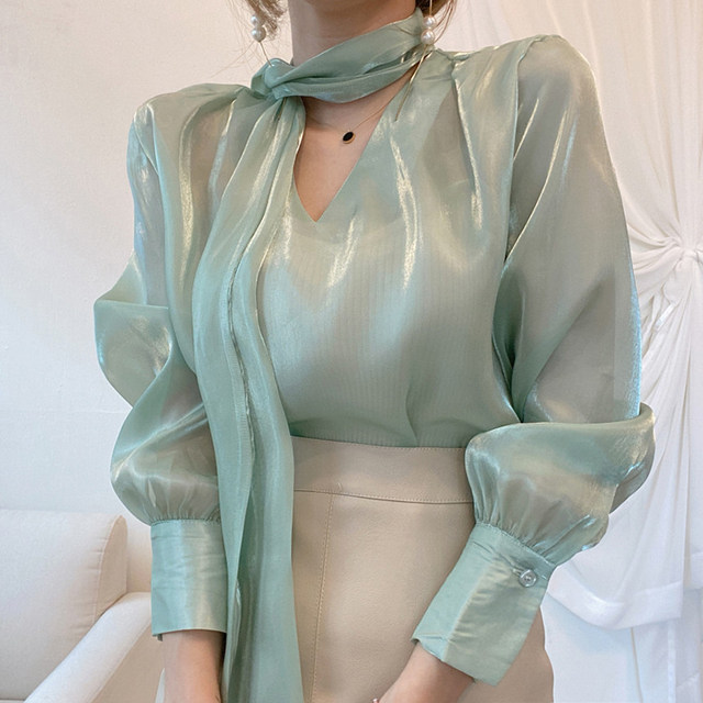 Korean chic niche all-match neckline streamer glossy shirt + high waist A-shaped pu leather skirt short girl