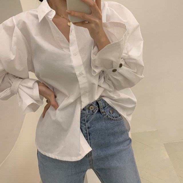 Korean chic autumn French temperament lapel single-breasted loose casual solid color puff sleeve shirt top women