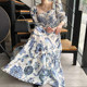 Korean chic autumn foreign style retro flower design square collar exposed clavicle slimming loose knee long dress