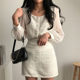 Liangliangjia retro temperament square collar stitching puff sleeve tweed shirt + high waist bag hip skirt suit women