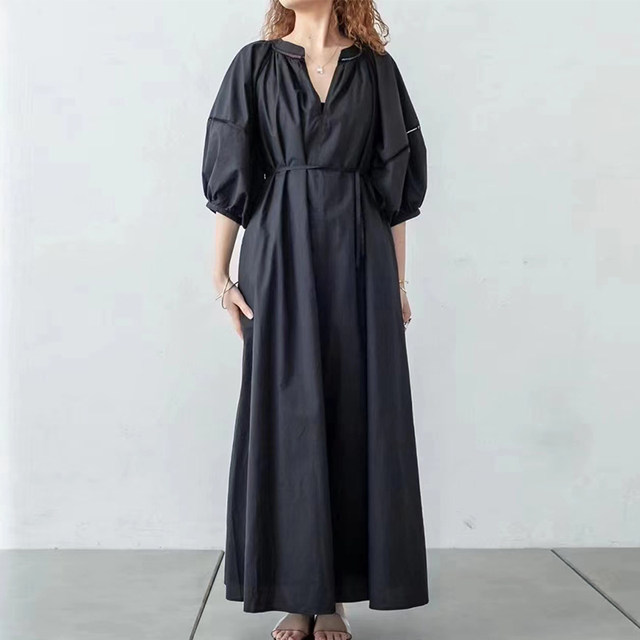 Korean chic spring and summer French style round neck reversible design loose casual long lantern sleeve dress for women