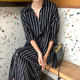 Korean chic autumn and winter temperament lazy style lapel contrast stripe loose casual long-sleeved shirt dress for women