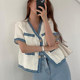 Korean chic summer wild V-neck chic button denim blue fringe stitching multi-pocket cardigan short jacket women