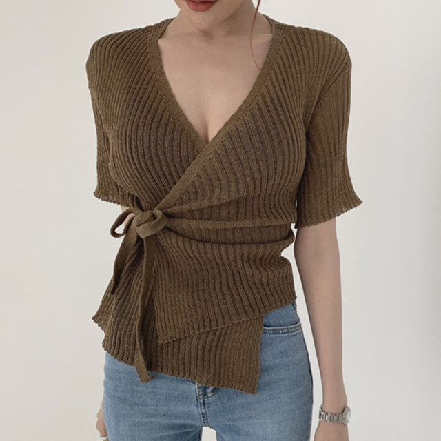 Korean chic small sexy and thin V-neck side cross straps waist short-sleeved one-piece knitted sweater top women