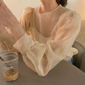 Korean chic early spring simple temperament round neck wrinkled mesh slightly transparent design loose long-sleeved bottoming shirt women