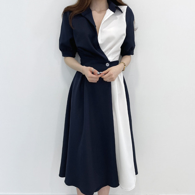 Korean chicc summer French niche lapel design sense of contrast stitching one button waist short-sleeved dress