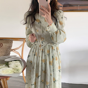 Korean chic spring French gentle square collar single-breasted tie waist lantern sleeve chiffon floral dress female