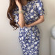 Korean chic summer elegant simple round neck contrast color stitching lace hook flower puff sleeve floral dress female