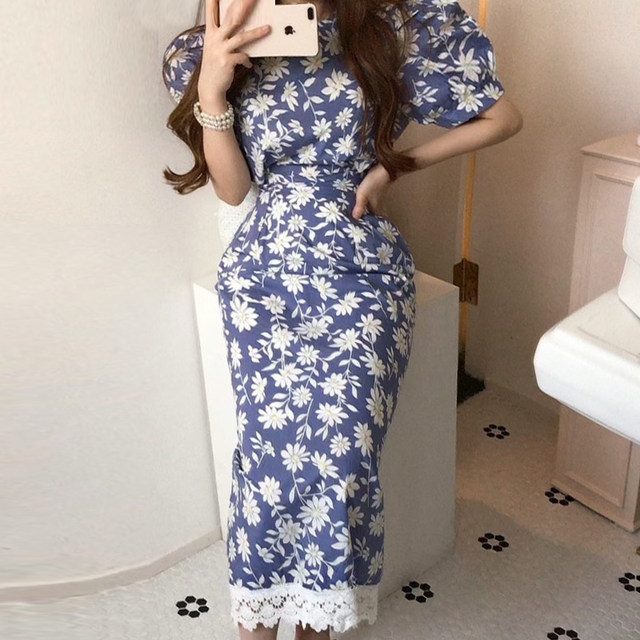 Korean chic summer elegant simple round neck contrast color stitching lace hook flower puff sleeve floral dress female