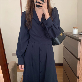 South Korea chic autumn temperament design suit collar was thinner waist tie twisted knee-length long dress women