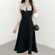 Korean chic French elegant contrast color lotus leaf collar splicing receiving waist slimming micro transparent puff sleeve dress long skirt female