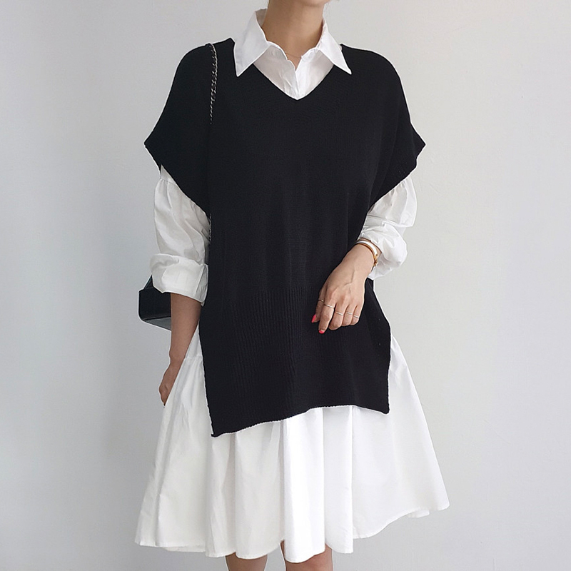 Korean Chic Versatile Lapel Single-Breasted Lantern Sleeve Doll Shirt Dress + Slit Knit Vest