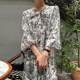 Korean chic spring French retro V-neck tie bow ink print design loose long-sleeved dress