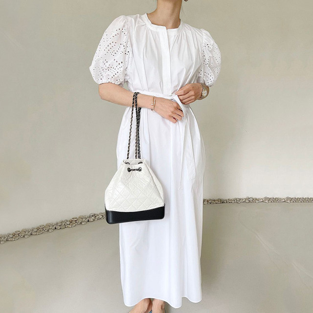 Korean chic summer niche gentle round neck single-breasted lace-up waist hollow crochet puff sleeve dress for women