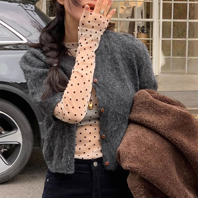 Liangliangjia French Anti-aging polka dot mesh long-sleeved T-shirt for Women's spring, a unique see-through layering and versatile base layer