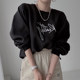 Korean chic early autumn casual round neck letter printing design loose all-match pullover puff sleeve T-shirt top women