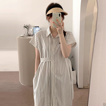 French style contrast striped shirt dress for women in summer niche versatile lace-up waist short-sleeved long skirt