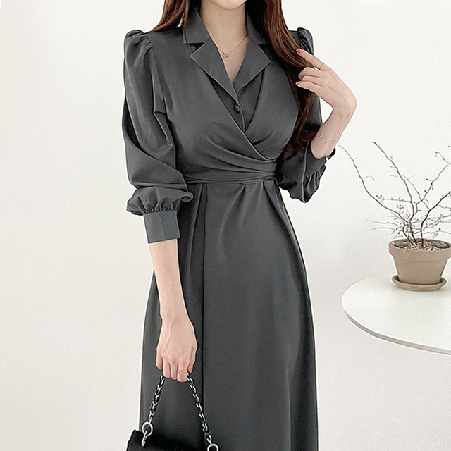 Korean chic early spring French elegant lapel cross tie waist puff sleeve shirt dress long skirt female