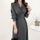 Korean chic early spring French elegant lapel cross tie waist puff sleeve shirt dress long skirt female