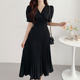 Korean chic summer elegant temperament cross V-neck waist slim puff sleeve stitching pleated dress women