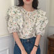 Korean chic summer fresh and simple round neck lotus leaf trim puff sleeves loose chiffon full screen floral shirt