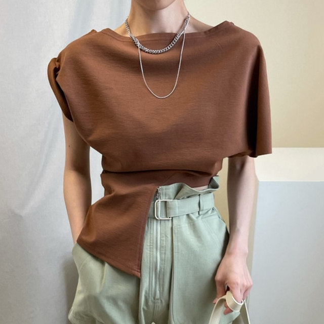 Korean chic summer niche temperament round neck design irregular waist thin solid color short-sleeved T-shirt top