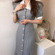 Korean chic summer temperament elegant lapel contrast color chic single-breasted button thin puff sleeve fishtail dress female