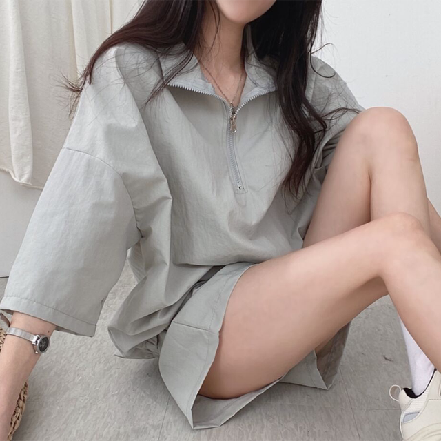 Korean chic all-match stand-up collar zipper pullover loose top + high-waist casual sports wide-leg shorts two-piece set