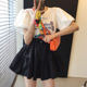 Korean chic summer playful age-reduced round neck cartoon letters lantern sleeve T-shirt + high-waisted drawstring puffy skirt