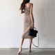 Korean chic retro elegant V-neck hollow suspender sweater + high waist slim mid-length skirt suit women