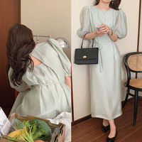 Korean chic gentle green round neck discreet hollow backless lace-up waist solid color puff sleeve dress for women