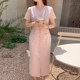 Temperament pink dress women's summer light mature style double pocket tweed waist slimming long skirt