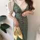 Korean chic spring wild round neck loose puff sleeve shirt + slim long floral suspender dress female