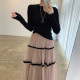 Korean chic all-match round neck solid color inner slim T-shirt top + high waist contrast color wave dot mesh skirt female