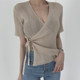 Korean chic small sexy and thin V-neck side cross straps waist short-sleeved one-piece knitted sweater top women